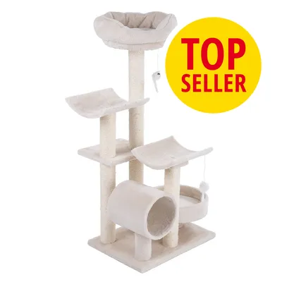 Tiragraffi beige con più piattaforme, cuccia superiore, tunnel e giochi pendenti. Cerchio giallo con testo rosso: TOP SELLER.