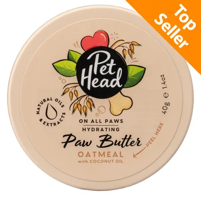 Pet Head Paw Butter, idratante per zampe, avena con olio di cocco, 40 g. Testo visibile: Natural oils & extracts, On all paws hydrating, Top Seller.