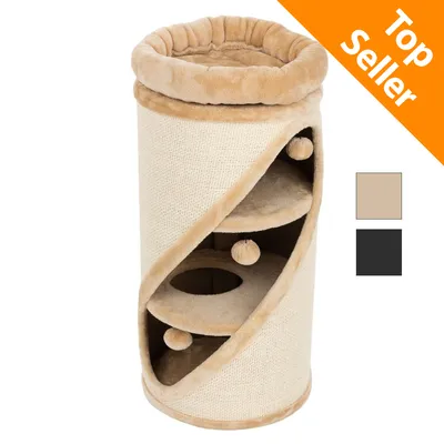 Tiragraffi cilindrico beige con tre livelli, due palline pendenti e area superiore imbottita. Etichetta arancione in alto a destra con testo: Top Seller. Due opzioni colore visibili.