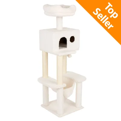 Tiragraffi bianco con cuccia, piattaforme e colonna, angolo arancione in alto a destra con testo: Top Seller
