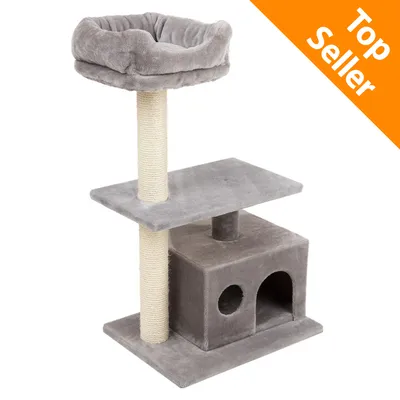Tiragraffi grigio con cuccia superiore imbottita, colonna in sisal, piattaforma e casetta. Testo visibile: Top Seller su sfondo arancione.