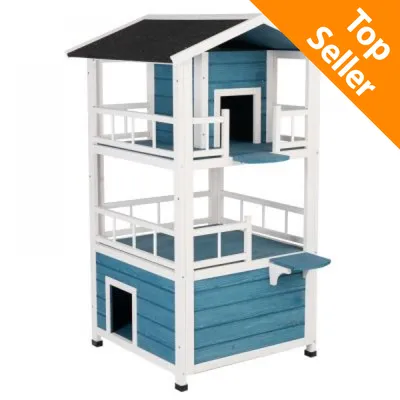 Casetta a tre piani in legno blu e bianco con terrazze, tetto nero e ingressi multipli. Angolo arancione in alto a destra con testo: Top Seller.