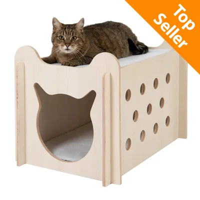 Tiragraffi in legno chiaro con foro a forma di testa di gatto, cuscino bianco e scritta Top Seller su sfondo arancione. Gatto tigrato sdraiato sopra.