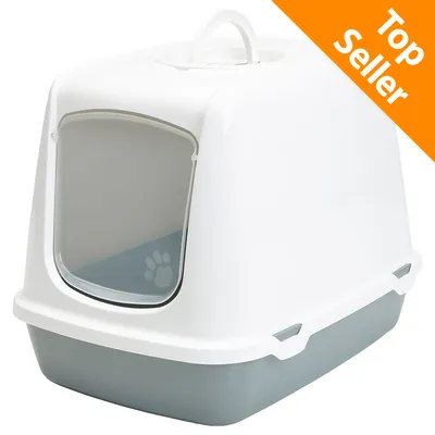 Toilette coperta per gatti in plastica bianca e grigia con sportello trasparente, maniglia superiore e zampa stampata. Etichetta arancione con testo: Top Seller. Toilette coperta per gatti in plastica bianca e grigia con sportello trasparente, maniglia superiore e zampa stampata. Etichetta arancione con testo: Top Seller.