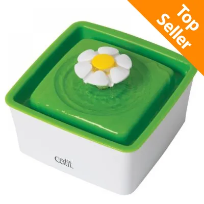 Fontanella per animali Catit con fiore decorativo, etichetta arancione in alto a destra con testo 'Top Seller'.