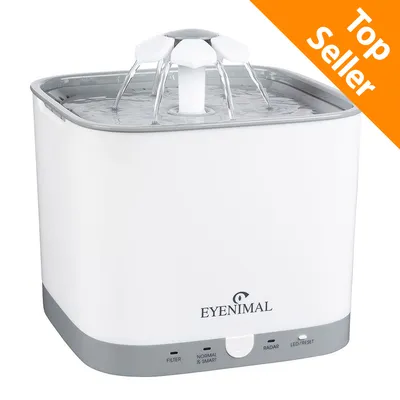 Fontanella per animali EYENIMAL con getti d'acqua, pulsanti visibili: Filter, Normal & Smart, Radar, LED/Reset. Etichetta arancione in alto a destra: Top Seller.