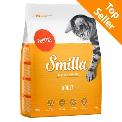 Smilla Adult Poultry, crocchette per gatti, 4 kg. Testo visibile: Food for a lifetime, High acceptance, Contains taurine, Omega fatty acids, Yucca schidigera, Top Seller.