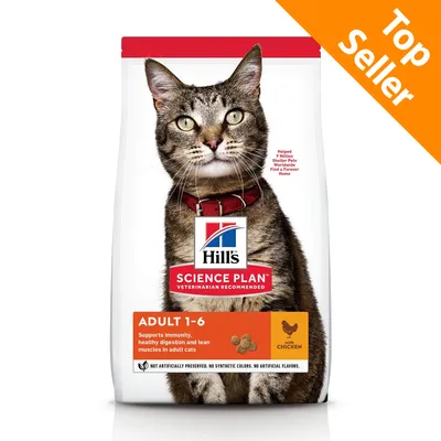 Hill's Science Plan Adult 1-6 con pollo, crocchette per gatti adulti. Testo visibile: Supports immunity, healthy digestion and lean muscles in adult cats. Top Seller.
