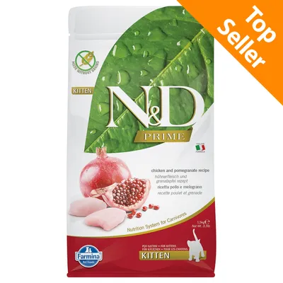 Farmina N&D Prime Kitten ricetta pollo e melograno, sacco da 1,5 kg, scritta Top Seller in alto a destra, marchio Farmina Pet Foods visibile.