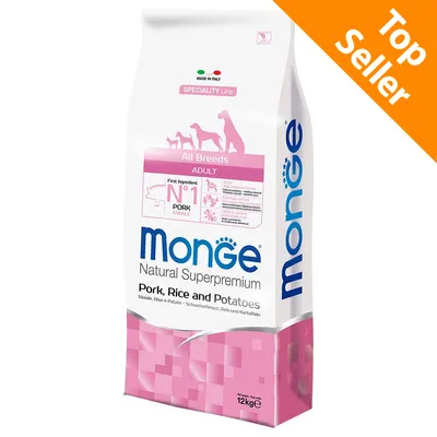 Monge Natural Superpremium Pork, Rice and Potatoes per cani adulti di tutte le taglie, primo ingrediente maiale, confezione da 12 kg, etichetta Top Seller visibile.