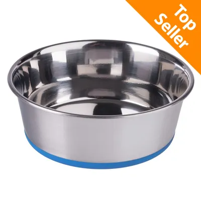 Ciotola in metallo con bordo blu visibile, etichetta arancione in alto a destra con testo inglese 'Top Seller'. Ciotola in metallo con bordo blu visibile, etichetta arancione in alto a destra con testo inglese 'Top Seller'.