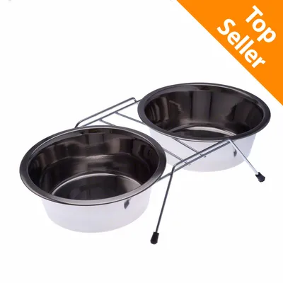 Due ciotole in acciaio inox con supporto metallico, angolo arancione in alto a destra con testo Top Seller.