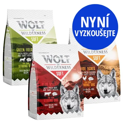 Tři balení Wolf of Wilderness Soft: Green Fields s jehněčím, High Valley s hovězím, Wide Acres s kuřecím. Nápis v modrém kruhu: Nyní vyzkoušejte. Každé balení 1 kg.