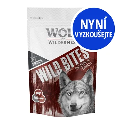 Wolf of Wilderness WILD BITES The Taste of Canada, Grain Free Snack. Modrý kruh s textem: Nyní vyzkoušejte.