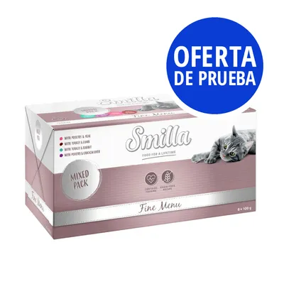 Smilla Fine Menu Mixed Pack, oferta de prueba. Caja con gato y texto: with poultry & veal, turkey & lamb, turkey & rabbit, poultry & chicken liver. 8 x 100 g. Contiene taurina, sin cereales.