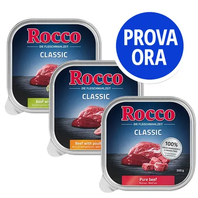 Tre confezioni di Rocco Classic: Beef with poultry, Pure beef e Beef with green tripe. Testo visibile: 100% fresh ingredients & grain-free, PROVA ORA.