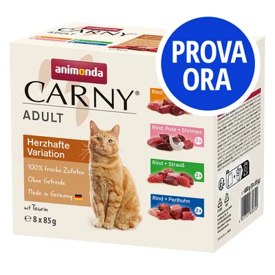 animonda Carny Adult Herzhafte Variation, 8x85g, 100% frische Zutaten, senza cereali, made in Germany, con taurina. Gusti: manzo, manzo-tacchino-gamberetti, manzo-struzzo, manzo-faraona. PROVA ORA.