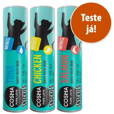 Três embalagens Cosma Snackies Minis: TUNA 100% pure fish, CHICKEN 100% pure meat, SALMON 100% pure fish. Texto em destaque: Teste já!