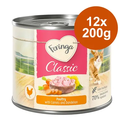 Feringa Classic Poultry with Carrots and Dandelion, 12x200g. Na etykiecie: bezzbożowa receptura, 70% wyselekcjonowanych składników zwierzęcych, ilustracja kota i miski z mięsem.