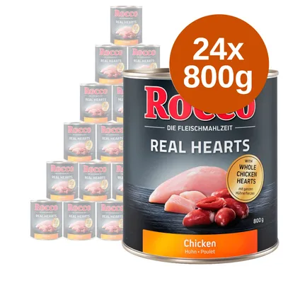 Rocco Real Hearts Chicken, 24 puszki po 800 g. Na etykiecie widoczne kawałki mięsa i serca kurczaka, napis: with whole chicken hearts.