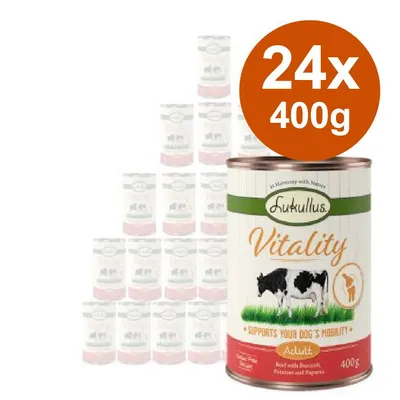 Lukullus Vitality Adult, confezione da 24 lattine da 400 g. Testo visibile: Supports your dog's mobility, Beef with Broccoli, Potatoes and Papaya, Grain-Free, 400 g.