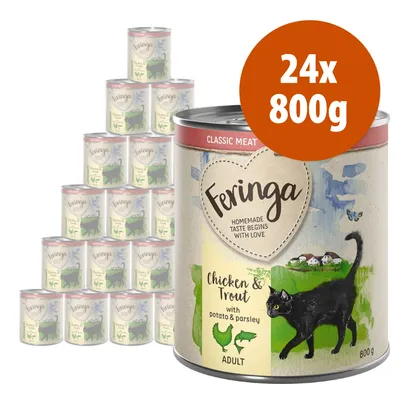 24 lattine da 800 g Feringa Chicken & Trout with potato & parsley per gatti adulti, testo visibile: Homemade taste begins with love, Classic Meat Menu. 24 lattine da 800 g Feringa Chicken & Trout with potato & parsley per gatti adulti, testo visibile: Homemade taste begins with love, Classic Meat Menu.