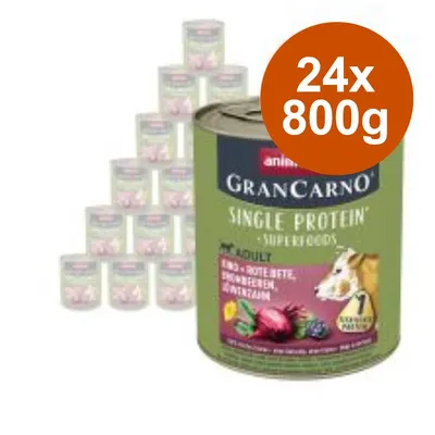 Confezione da 24 lattine Animonda GranCarno Single Protein Superfoods Adult, 800 g ciascuna. Testo visibile: manzo, barbabietola rossa, mirtilli, amaranto. Confezione da 24 lattine Animonda GranCarno Single Protein Superfoods Adult, 800 g ciascuna. Testo visibile: manzo, barbabietola rossa, mirtilli, amaranto.