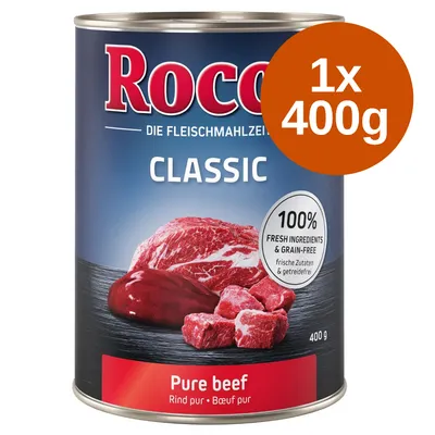 Rocco Classic Pure beef, 1x400g, 100% fresh ingredients & grain-free, widoczne kawałki mięsa wołowego na etykiecie puszki. Tekst: Rind pur, Bœuf pur.
