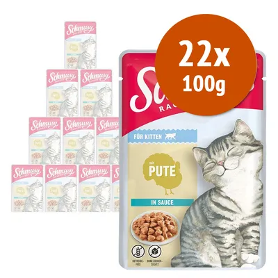Schmusy Ragout per gattini, multipack 22x100g, gusto tacchino in salsa. Testo visibile: 'für Kitten', 'mit Pute', 'in Sauce', 'getreidefrei', 'ohne Zuckerzusatz'.