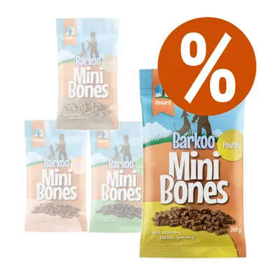 Confezioni Barkoo Mini Bones visibili nei gusti Poultry, Lamb, Salmon e un altro non leggibile, con simbolo percentuale che indica offerta o sconto.