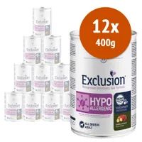 12 lattine da 400 g di Exclusion Monoprotein Veterinary Diet Formula Hypoallergenic, visibile testo: All Breeds Adult, Mono Protein, Horse & Potato, Canola & Potato.