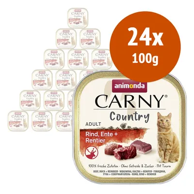 Animonda Carny Country Adult Rind, Ente + Rentier, confezione da 24 vaschette da 100 g. Testo visibile: 100% frische Zutaten, Ohne Getreide & Zucker, Mit Taurin.