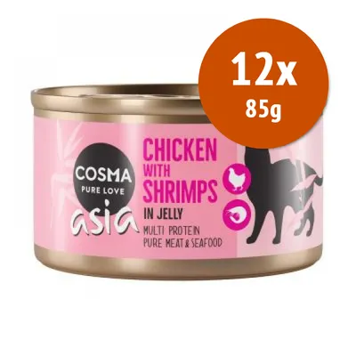 Cosma Pure Love Asia Chicken with Shrimps in Jelly, multiprotein pure meat & seafood, confezione 12x85g visibile sulla lattina rosa con silhouette di gatto nera.