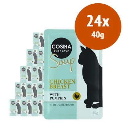 Cosma Pure Love Soup Chicken Breast with Pumpkin in Delicate Broth, confezione da 24 bustine da 40 g ciascuna, immagine della confezione con silhouette di gatto nera.