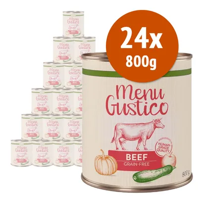 24x800g Menu Gustico Beef Grain-Free, ingredienti human-grade quality, confezione con zucca e zucchina visibili sull'etichetta.