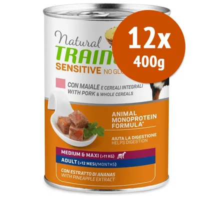 Conservă Natural Trainer Sensitive cu porc și cereale integrale, 12x400g. Animal Monoprotein Formula, pentru câini adulți medium & maxi (>11kg), cu extract de ananas. Text în italiană/engleză.