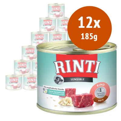 12 lattine da 185 g di Rinti Sensible, visibile testo: Für empfindliche Hunde, Neue Rezeptur noch bekömmlicher, Rind, 1. tierisches Protein, Reis.