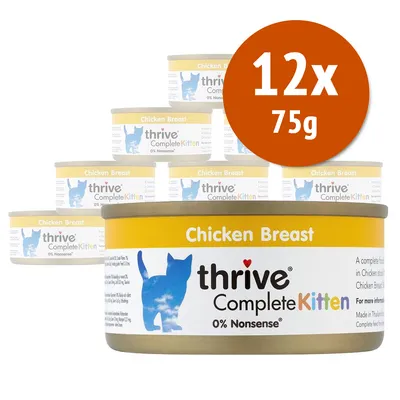 12x75g thrive Complete Kitten Chicken Breast, 0% Nonsense. Confezione di lattine per gattini con etichetta gialla e blu, marchio thrive visibile.