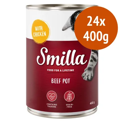 Smilla Beef Pot con pollo, contiene taurina, senza cereali. Confezione 24x400g. Testo in inglese: Food for a lifetime, contains taurine, grain-free, with chicken.