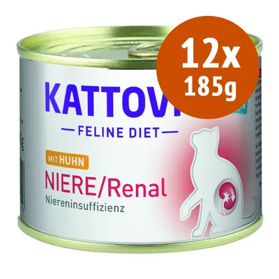 Kattovit Feline Diet con pollo, NIERE/Renal Niereninsuffizienz, confezione 12x185g. Testo in tedesco visibile sull'etichetta.