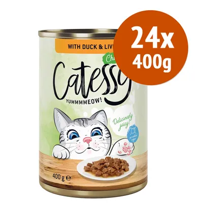 Confezione Catessy Yummmmeow! with duck & liver, 24x400g, illustrazione di gatto e piatto con bocconcini, testo: Deliciously juicy!, 400 g, no added sugar.