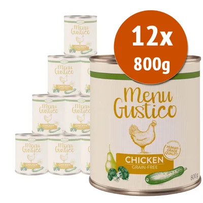 12 lattine da 800 g di Menu Gustico Chicken Grain-Free, con disegni di pollo, zucchina e broccoli sulla confezione. Testo visibile: 'Human Grade Quality'.