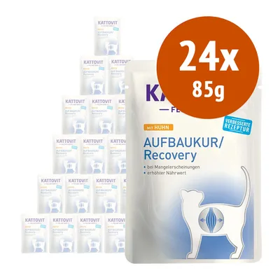 Kattovit Aufbaukur/Recovery con pollo, confezione da 24 buste da 85 g. Testo visibile: 'bei Mangelerscheinungen', 'erhöhter Nährwert', 'verbesserte Rezeptur'.