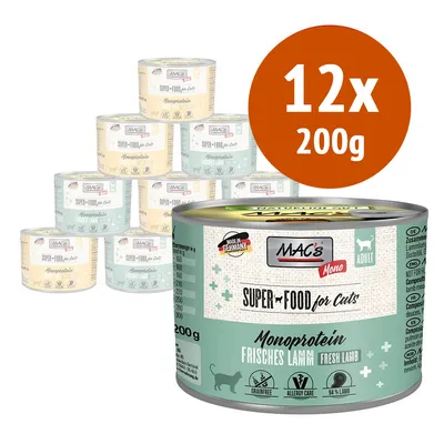 MAC's Super Food for Cats Monoprotein Frisches Lamm, confezione da 12x200g. Testo visibile: Made in Germany, Grainfree, Allergy Care, 94% Lamb, Adult.