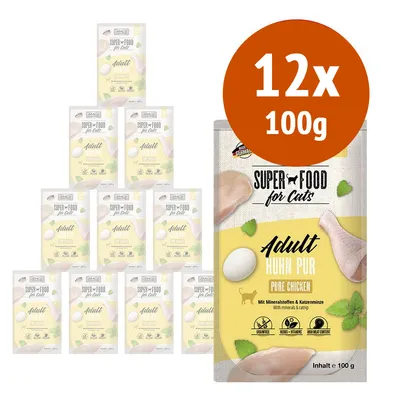 Confezione da 12 buste MAC's Super Food for Cats Adult Huhn Pur Pure Chicken, 100 g ciascuna. Testo visibile: senza cereali, erbe e vitamine, alto contenuto di carne.