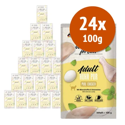 Confezione da 24 bustine da 100 g ciascuna di cibo per gatti adulti, marchio 'Adult Huhn Pur Pure Chicken', con scritte: grainfree, herbs + vitamins, high meat content.