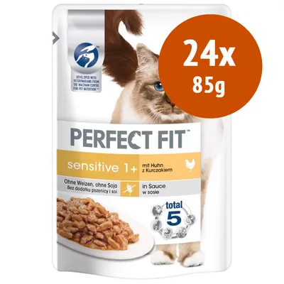 Perfect Fit Sensitive 1+ con pollo, senza grano né soia, in salsa. Confezione da 24x85g. Scala di valutazione con 5 criteri visibile sull'etichetta.