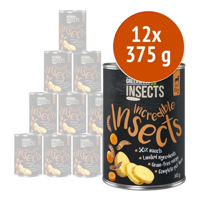 Greenwoods Insects Incredible Insects, 12x375 g, 50% insects, ingredienti limitati, ricetta senza cereali, alimento completo per cani adulti. Testo in inglese sull'etichetta.