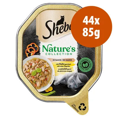 Sheba Nature's Collection in salsa, confezione da 44 x 85 g. Immagine di cibo per gatti con pollo e peperoni rossi, scritte in tedesco e francese, simbolo riciclabile visibile.