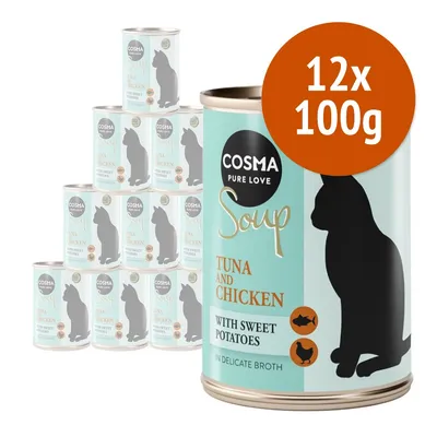 Cosma Pure Love Soup, confezione 12x100g, tonno e pollo con patate dolci. Testo visibile: 'Tuna and Chicken with Sweet Potatoes in delicate broth'. Immagine di lattine per gatti.